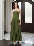Olive Green Chiffon A-Line Off-the-Shoulder Backless Floor-Length Bridesmaid Dress - Curvevia