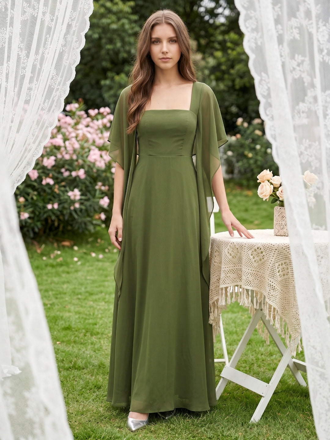 Olive Green Chiffon A-Line Straight Neck Backless Floor-Length Bridesmaid Dress with Cape - Curvevia