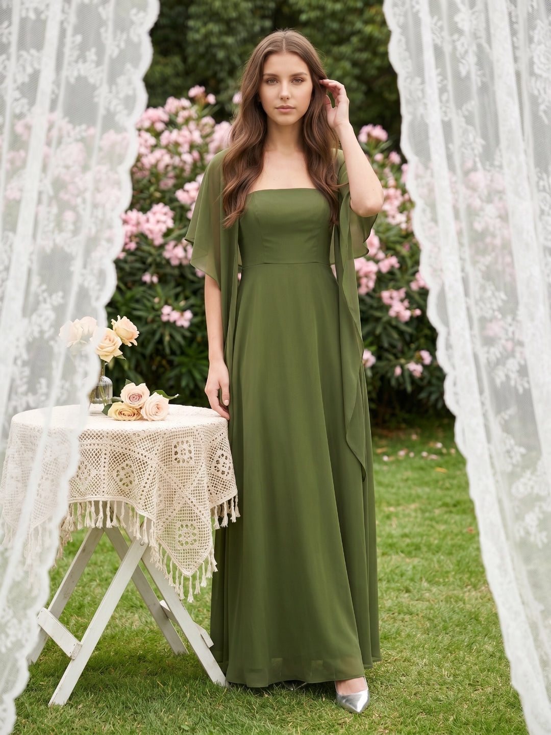Olive Green Chiffon A-Line Straight Neck Backless Floor-Length Bridesmaid Dress with Cape - Curvevia
