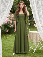 Olive Green Chiffon A-Line Straight Neck Backless Floor-Length Bridesmaid Dress with Cape - Curvevia