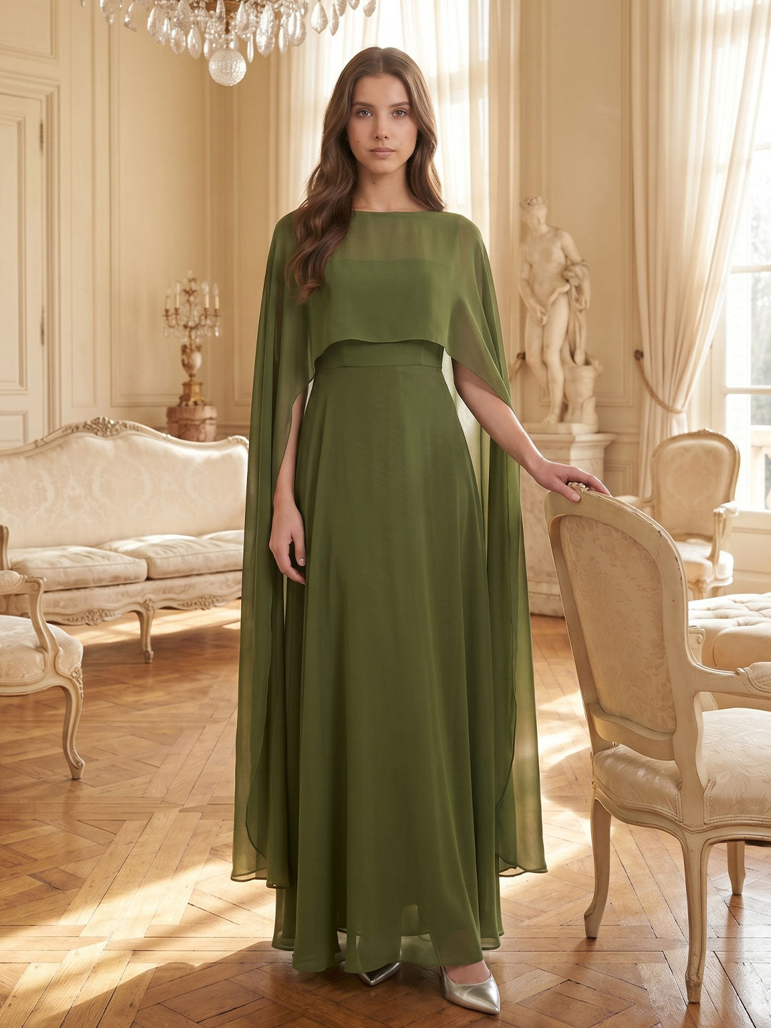 Olive Green Chiffon A-Line Straight Neck Illusion Back Floor-Length Bridesmaid Dress with Cape - Curvevia