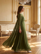 Olive Green Chiffon A-Line Straight Neck Illusion Back Floor-Length Bridesmaid Dress with Cape - Curvevia