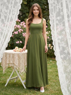Olive Green Chiffon Column Scoop Neck Backless Floor-Length Bridesmaid Dress - Curvevia