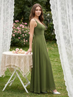 Olive Green Chiffon Column Scoop Neck Backless Floor-Length Bridesmaid Dress - Curvevia