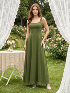 Olive Green Chiffon Column Scoop Neck Backless Floor-Length Bridesmaid Dress - Curvevia