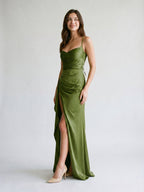 Olive Green Matte Satin Sheath Criss-Cross Straps Floor-Length Formal Dress with Ruffles - Curvevia