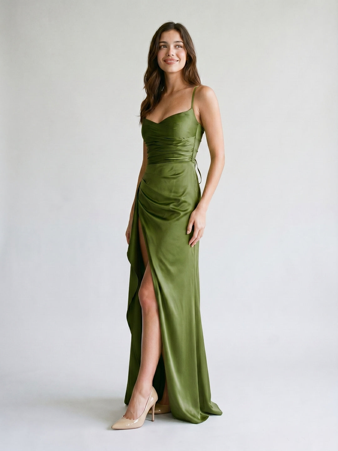 Olive Green Matte Satin Sheath Criss-Cross Straps Floor-Length Formal Dress with Ruffles - Curvevia