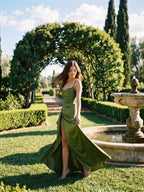 Olive Green Matte Satin Sheath Criss-Cross Straps Floor-Length Formal Dress with Ruffles - Curvevia
