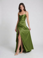 Olive Green Matte Satin Sheath Criss-Cross Straps Floor-Length Formal Dress with Ruffles - Curvevia