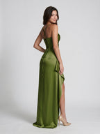 Olive Green Matte Satin Sheath Criss-Cross Straps Floor-Length Formal Dress with Ruffles - Curvevia