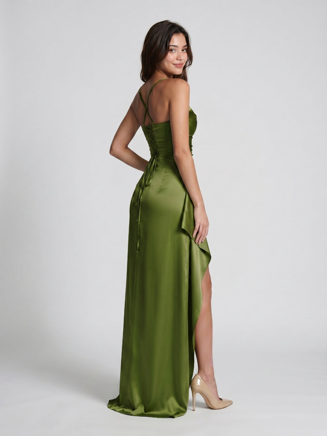 Olive Green Matte Satin Sheath Criss-Cross Straps Floor-Length Formal Dress with Ruffles - Curvevia