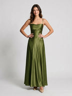 Olive Green Satin A-Line Criss-Cross Straps Floor-Length Formal Dress with Pleating - Curvevia