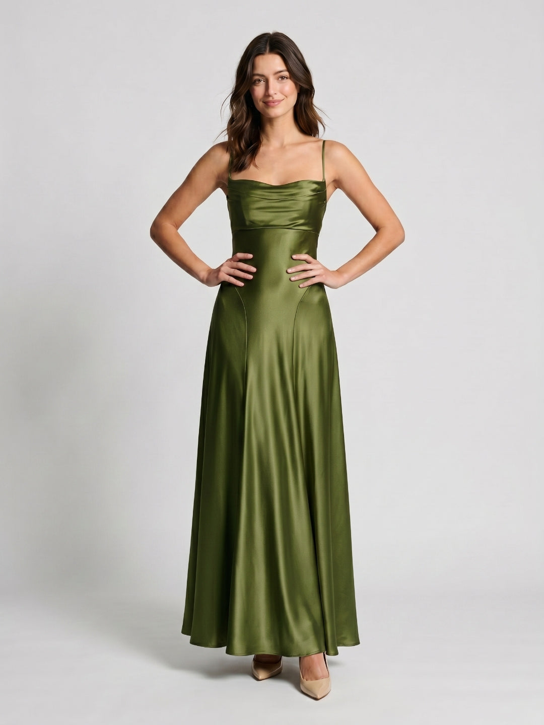 Olive Green Satin A-Line Criss-Cross Straps Floor-Length Formal Dress with Pleating - Curvevia