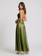 Olive Green Satin A-Line Criss-Cross Straps Floor-Length Formal Dress with Pleating - Curvevia