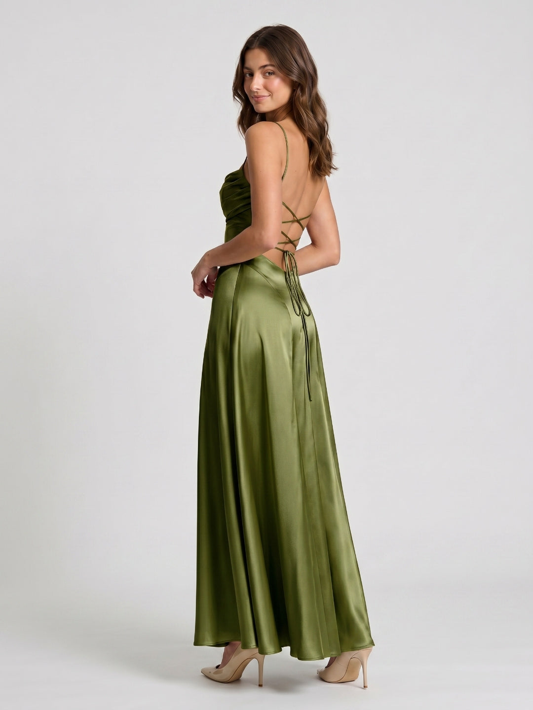 Olive Green Satin A-Line Criss-Cross Straps Floor-Length Formal Dress with Pleating - Curvevia