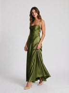 Olive Green Satin A-Line Criss-Cross Straps Floor-Length Formal Dress with Pleating - Curvevia