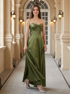 Olive Green Satin A-Line Off-the-Shoulder Back Zip Floor-Length Bridesmaid Dress with Pockets - Curvevia