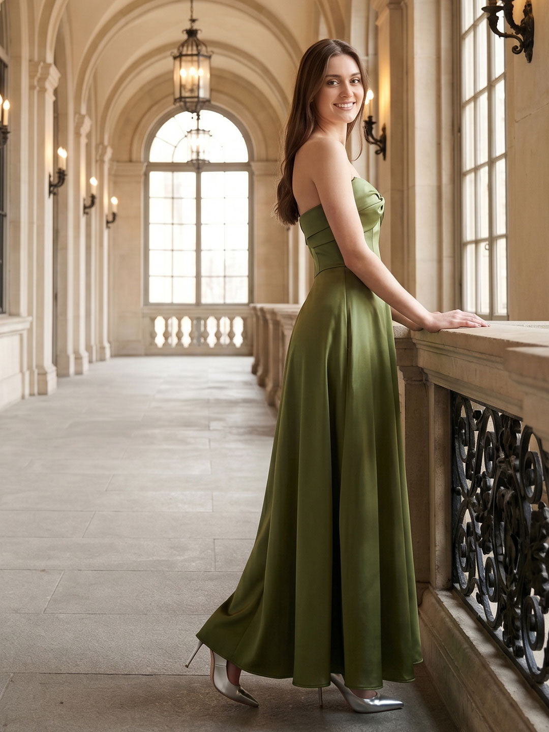 Olive Green Satin A-Line Off-the-Shoulder Back Zip Floor-Length Bridesmaid Dress with Pockets - Curvevia