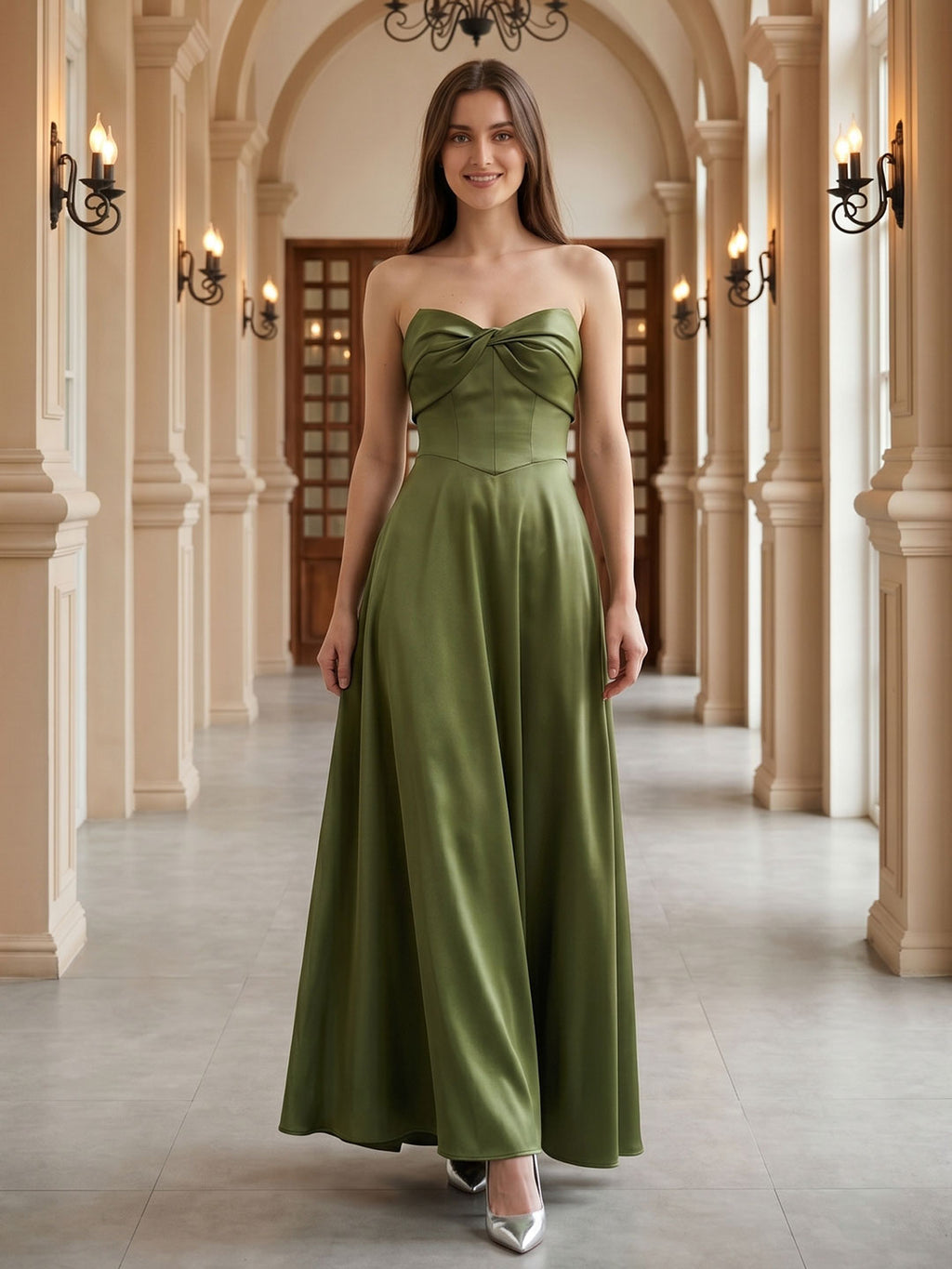Olive Green Satin A-Line Off-the-Shoulder Back Zip Floor-Length Bridesmaid Dress with Pockets - Curvevia