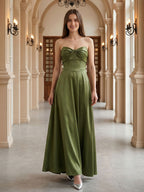 Olive Green Satin A-Line Off-the-Shoulder Back Zip Floor-Length Bridesmaid Dress with Pockets - Curvevia