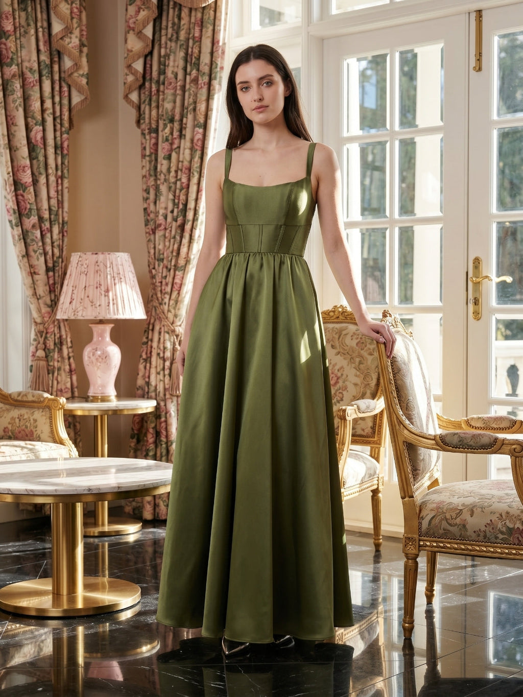 Olive Green Satin A-Line Scoop Neck Backless Floor-Length Bridesmaid Dress with Pockets - Curvevia