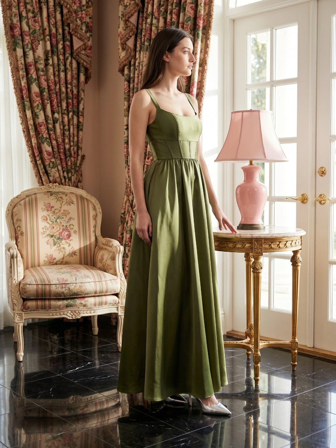 Olive Green Satin A-Line Scoop Neck Backless Floor-Length Bridesmaid Dress with Pockets - Curvevia