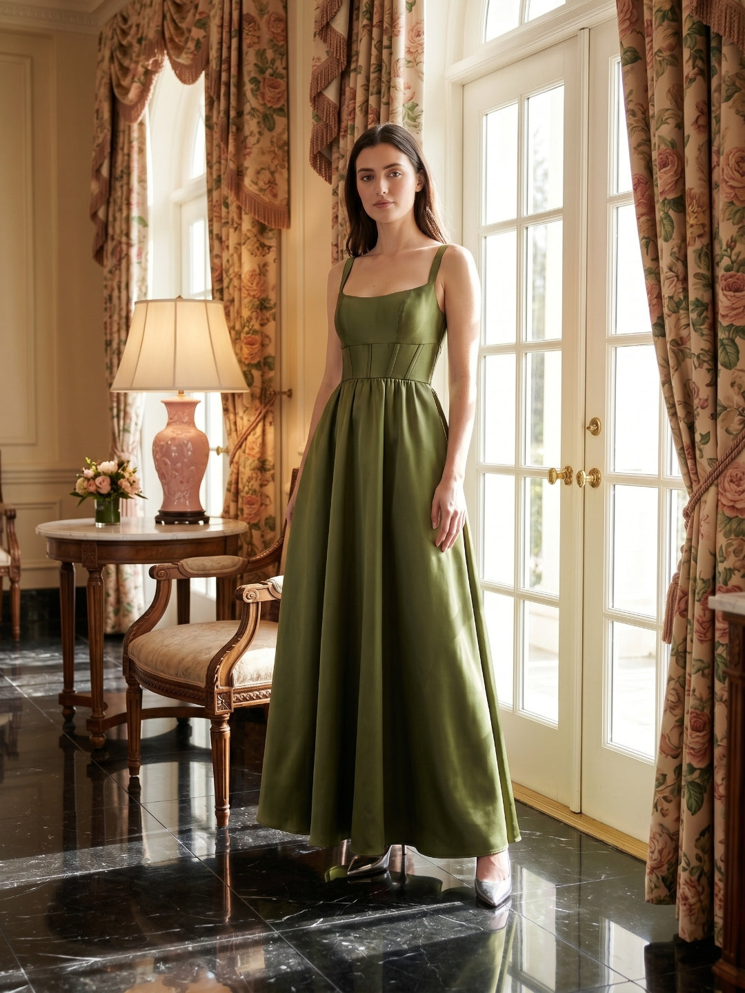 Olive Green Satin A-Line Scoop Neck Backless Floor-Length Bridesmaid Dress with Pockets - Curvevia
