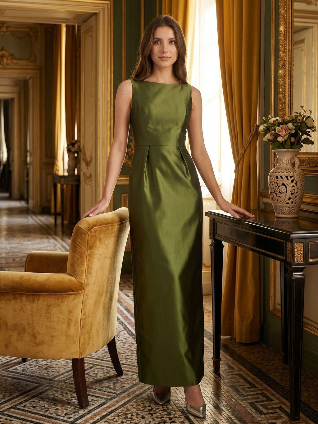 Olive Green Satin Column Straight Neck V-Back Floor-Length Bridesmaid Dress with Pockets - Curvevia