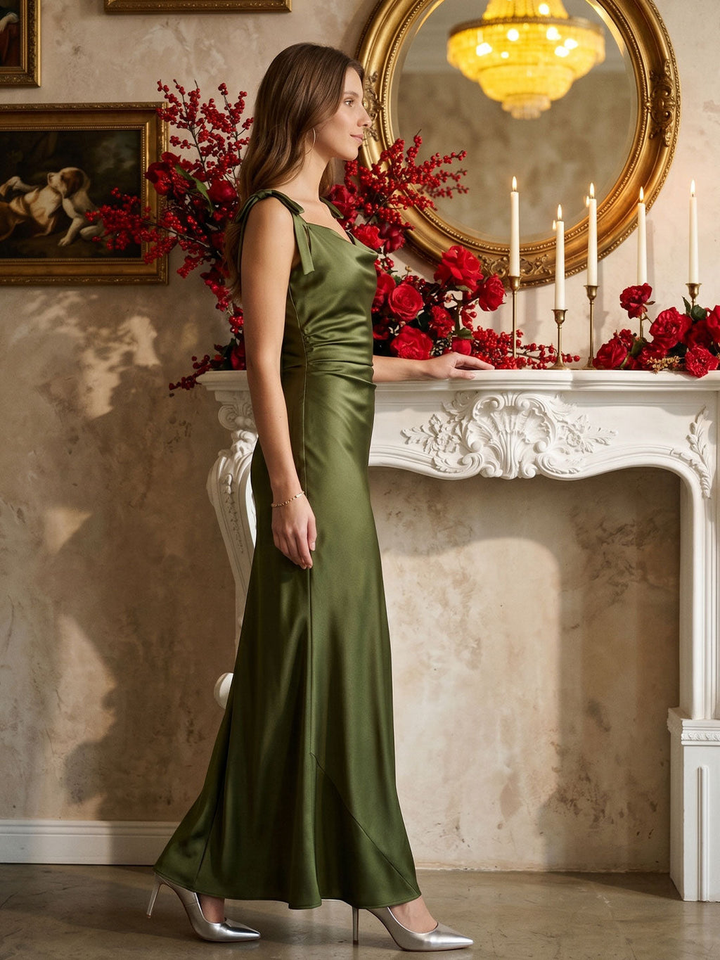 Olive Green Satin Mermaid Cowl Neck Backless Floor-Length Pleated Bridesmaid Dress - Curvevia
