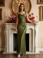 Olive Green Satin Mermaid Cowl Neck Backless Floor-Length Pleated Bridesmaid Dress - Curvevia