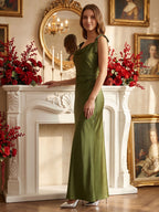 Olive Green Satin Mermaid Cowl Neck Backless Floor-Length Pleated Bridesmaid Dress - Curvevia