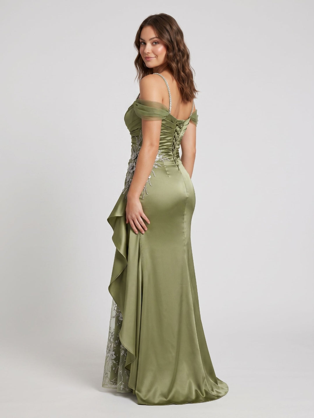 Olive Green Satin Mermaid Sweetheart Lace-Up Back Floor-Length Dress - Curvevia
