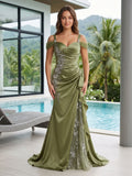 Olive Green Satin Mermaid Sweetheart Lace-Up Back Floor-Length Dress - Curvevia