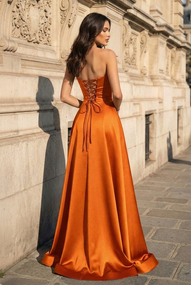A Line Black Strapless Satin Evening Dress With Slit - Curvevia