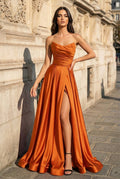A Line Black Strapless Satin Evening Dress With Slit - Curvevia