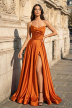 A Line Black Strapless Satin Evening Dress With Slit - Curvevia