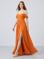 Orange Chiffon A-Line Sweetheart Back Zip Floor-Length Bridesmaid Dress with Pleats - Curvevia