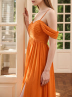 Orange Chiffon A-Line Sweetheart Back Zip Floor-Length Bridesmaid Dress with Pleats - Curvevia