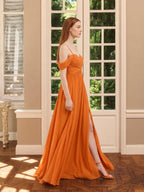 Orange Chiffon A-Line Sweetheart Back Zip Floor-Length Bridesmaid Dress with Pleats - Curvevia