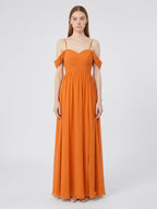 Orange Chiffon A-Line Sweetheart Back Zip Floor-Length Bridesmaid Dress with Pleats - Curvevia