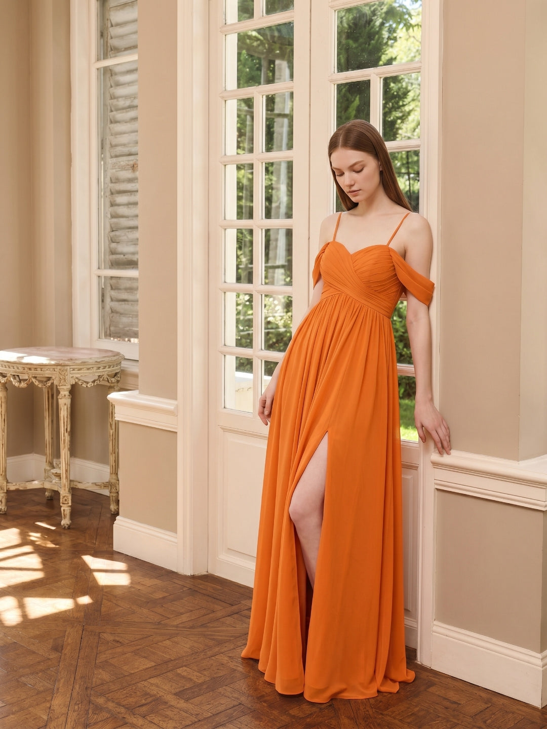 Orange Chiffon A-Line Sweetheart Back Zip Floor-Length Bridesmaid Dress with Pleats - Curvevia