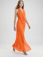 Orange Chiffon A-Line V-Neck Backless Ankle Bridesmaid Dress with Pleated Details - Curvevia