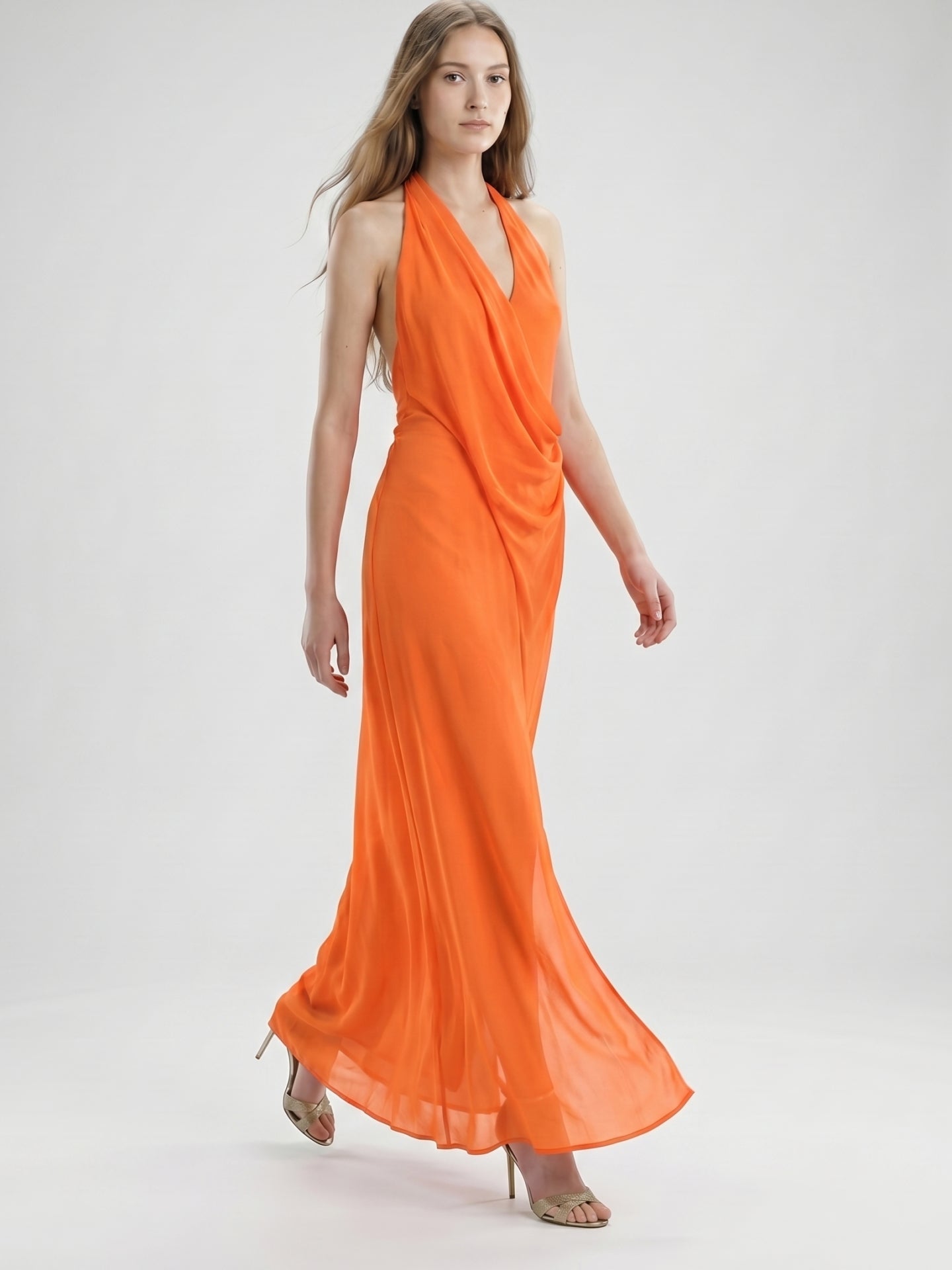 Orange Chiffon A-Line V-Neck Backless Ankle Bridesmaid Dress with Pleated Details - Curvevia