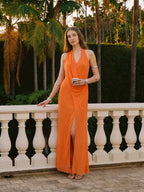 Orange Chiffon A-Line V-Neck Backless Ankle Bridesmaid Dress with Pleated Details - Curvevia