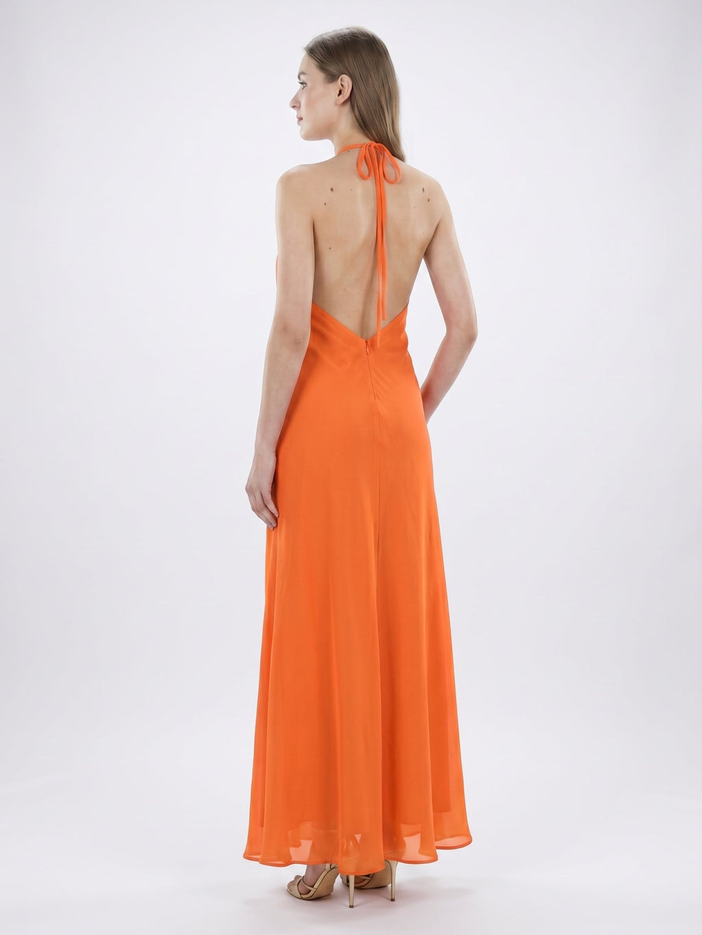 Orange Chiffon A-Line V-Neck Backless Ankle Bridesmaid Dress with Pleated Details - Curvevia