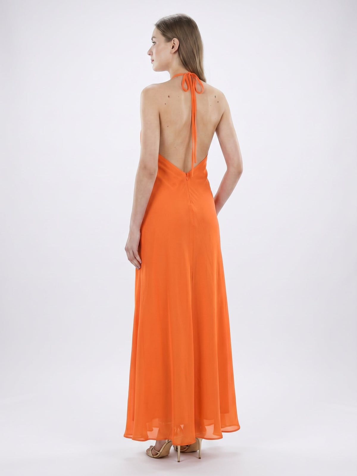 Orange Chiffon A-Line V-Neck Backless Ankle Bridesmaid Dress with Pleated Details - Curvevia