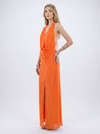 Orange Chiffon A-Line V-Neck Backless Ankle Bridesmaid Dress with Pleated Details - Curvevia