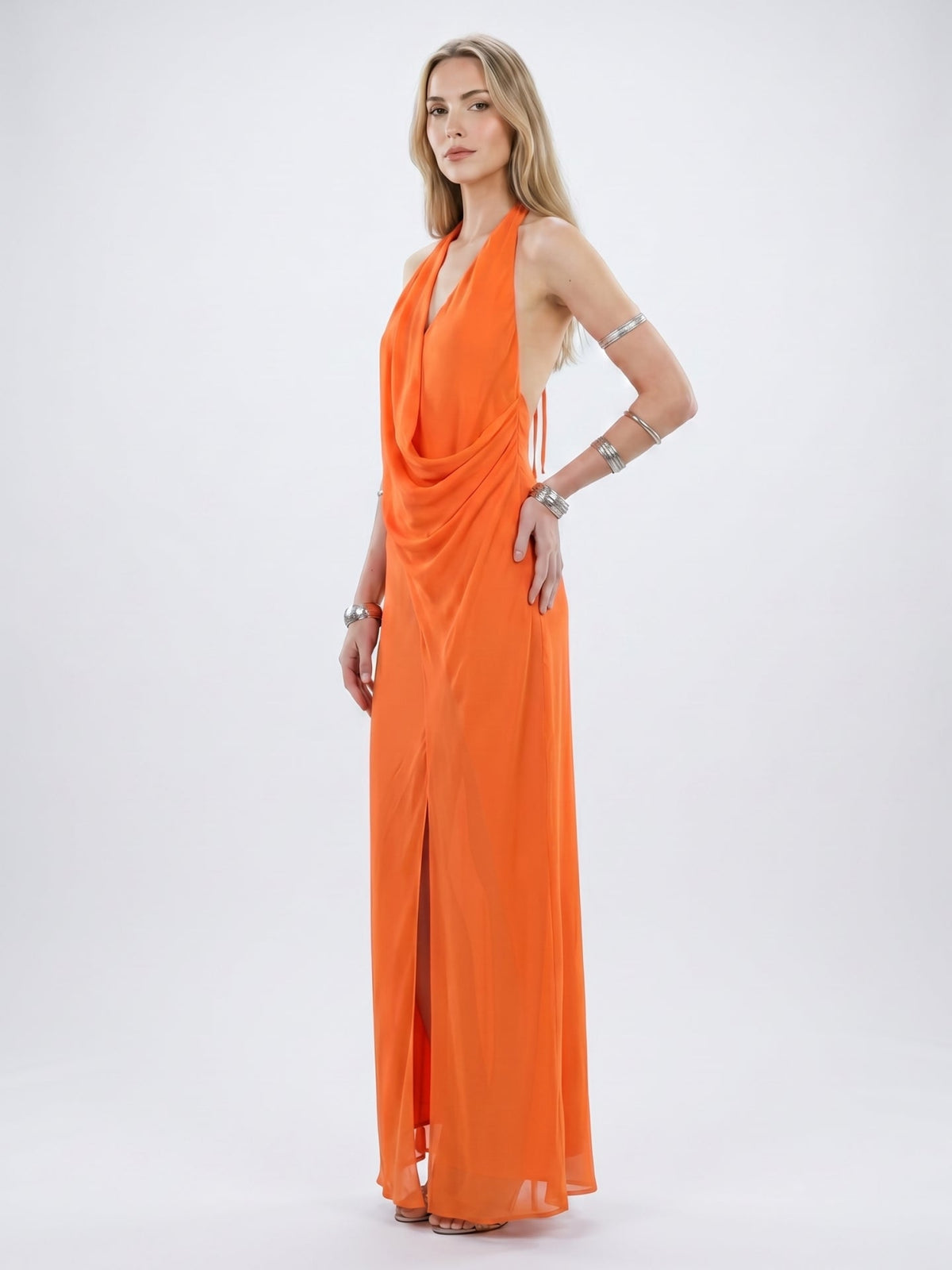 Orange Chiffon A-Line V-Neck Backless Ankle Bridesmaid Dress with Pleated Details - Curvevia