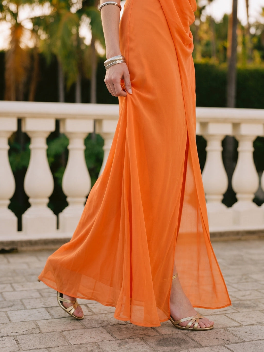 Orange Chiffon A-Line V-Neck Backless Ankle Bridesmaid Dress with Pleated Details - Curvevia