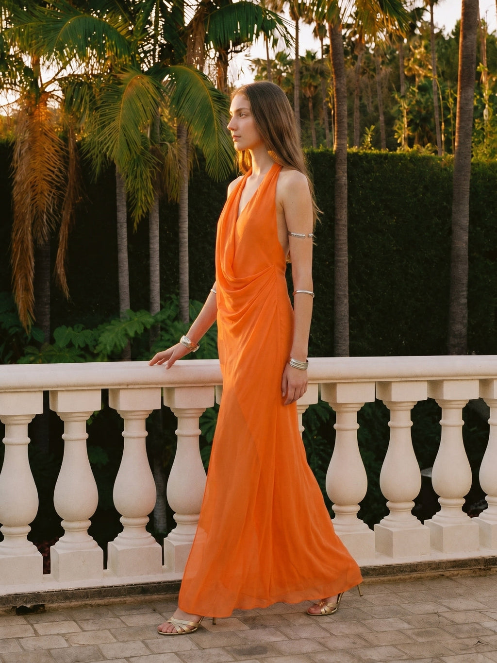 Orange Chiffon A-Line V-Neck Backless Ankle Bridesmaid Dress with Pleated Details - Curvevia